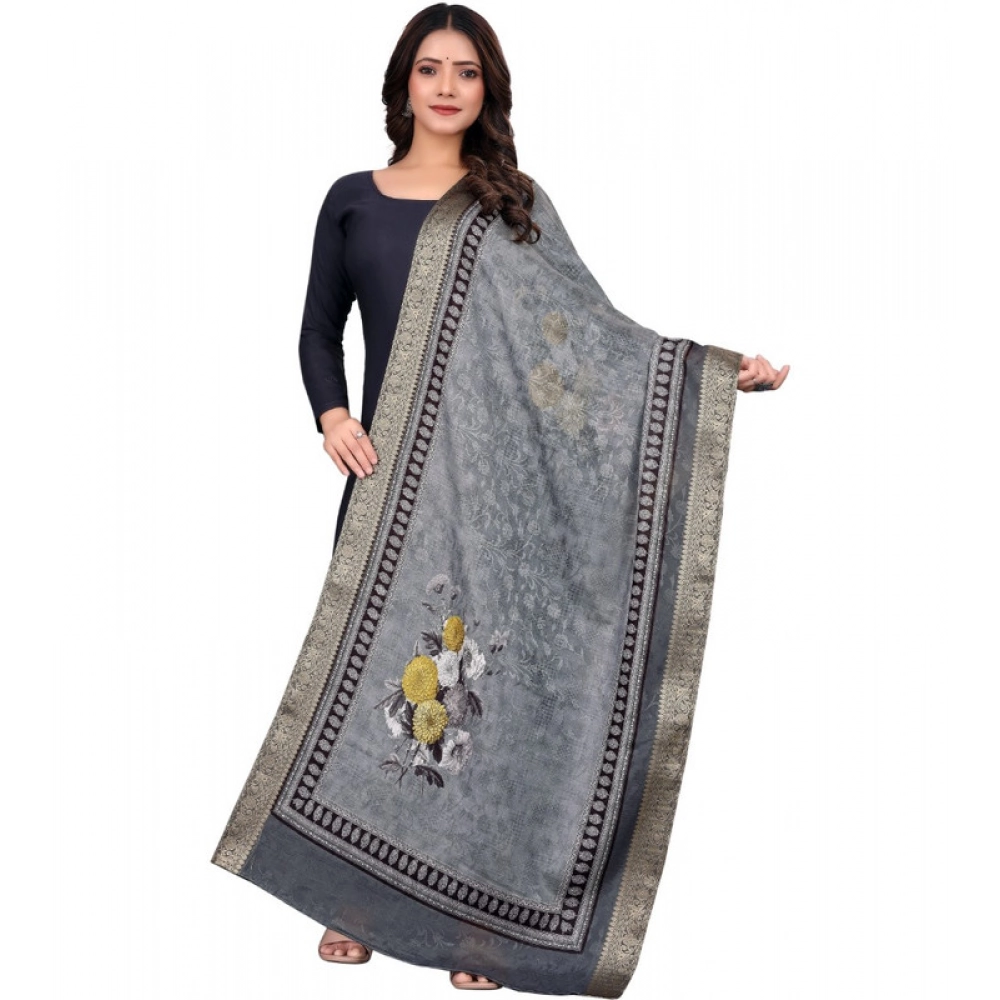 Gray Printed Chanderi Silk Dupatta