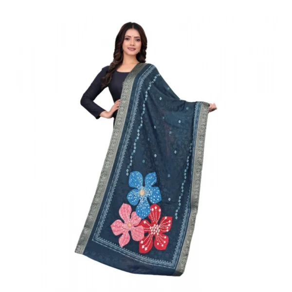 Navy Blue Printed Chanderi Silk Dupatta