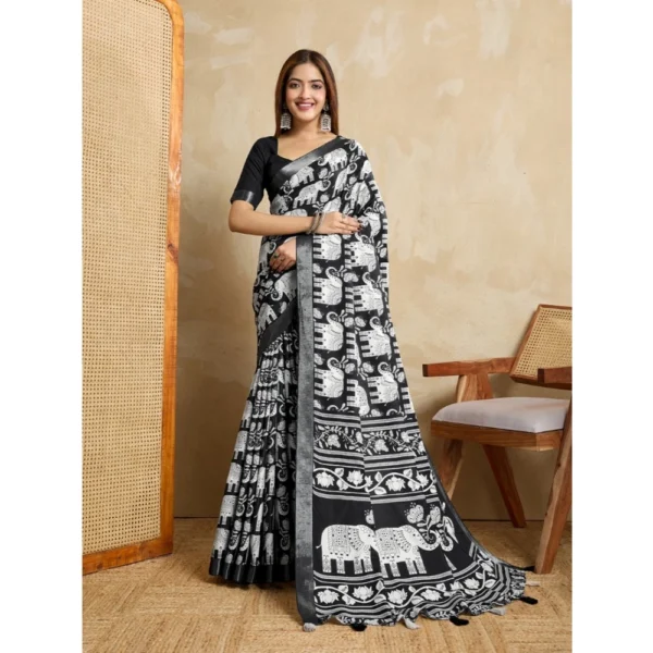 Women's Silk Blend Printed Saree with Unstitched Blouse