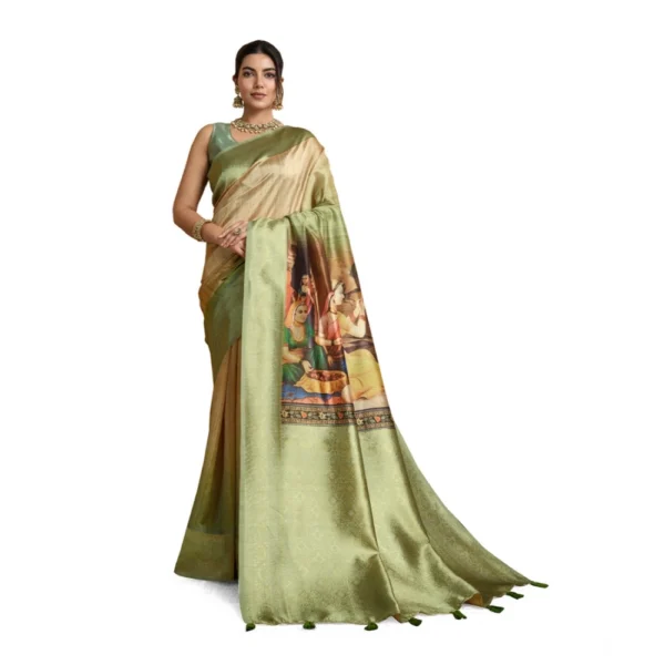 Mehendi Silk Printed Saree for Women