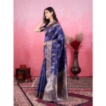Generic Women's Banarasi Silk Printed Saree With Unstitched Blouse 5.5Mtr (Blue) - Image 4
