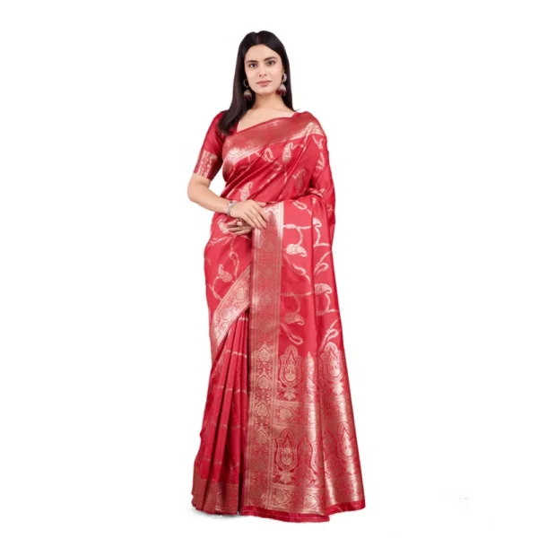 Red Banarasi Silk Printed Saree for Women with Unstitched Blouse