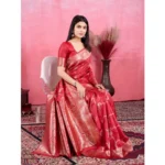 Generic Women's Banarasi Silk Printed Saree With Unstitched Blouse 5.5Mtr (Red) - Image 3