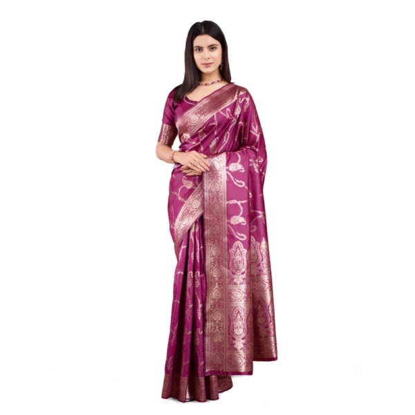 Wine Banarasi Silk Printed Saree for Women with Unstitched Blouse