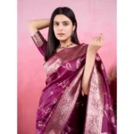 Generic Women's Banarasi Silk Printed Saree With Unstitched Blouse 5.5Mtr (Wine) - Image 2