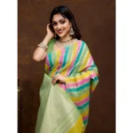 Generic Women's Cotton Blended Printed Saree With Unstitched Blouse 5.5Mtr (Pista) - Image 3