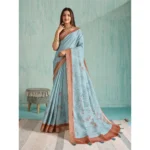 Blue Silk Blend Printed Saree for Women with Unstitched Blouse