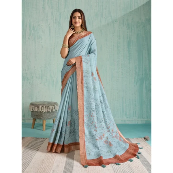 Blue Silk Blend Printed Saree for Women with Unstitched Blouse