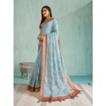 Generic Women's Silk Blend Printed Saree With Unstitched Blouse 5.5Mtr (Blue) - Image 3