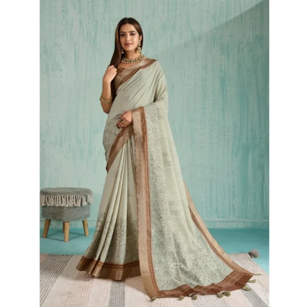 Green Silk Blend Printed Saree for Women with Unstitched Blouse