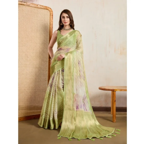 Light Green Viscose Printed Saree with Unstitched Blouse
