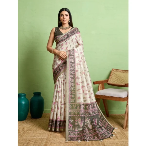 Off-White Silk Blend Printed Saree