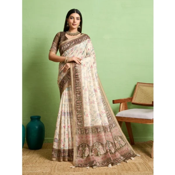 Cream Silk Blend Printed Saree with Unstitched Blouse