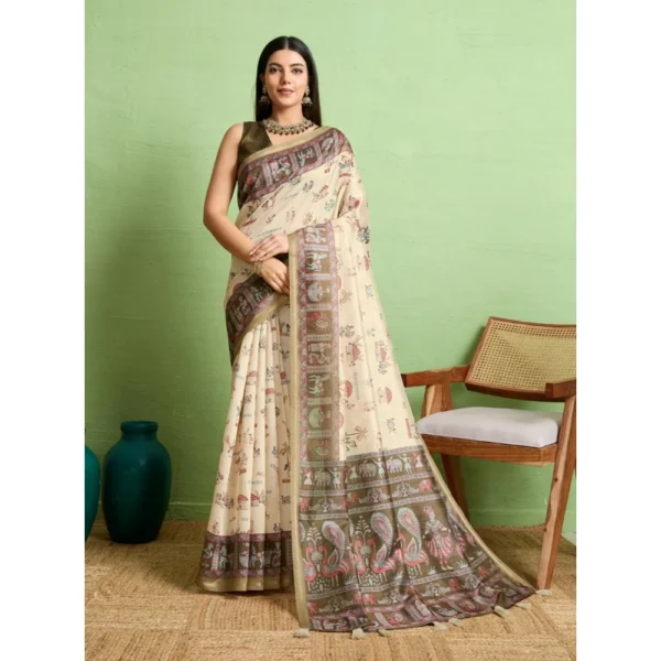 Cream Silk Blend Printed Saree with Unstitched Blouse