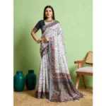 Grey Silk Blend Printed Saree with Unstitched Blouse