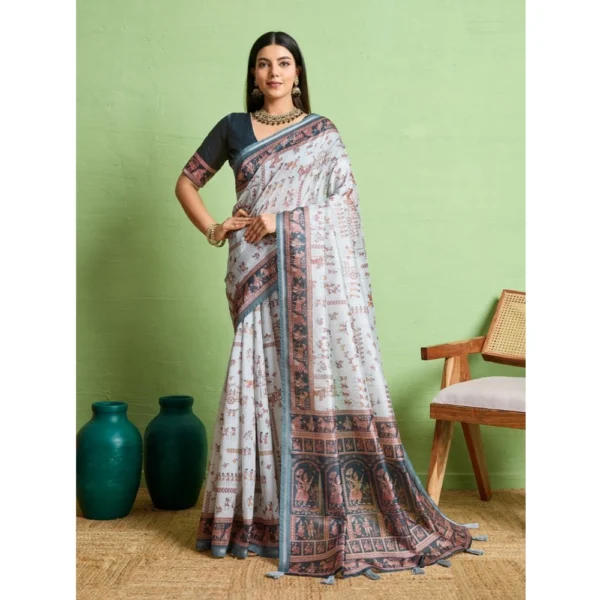 Grey Silk Blend Printed Saree with Unstitched Blouse