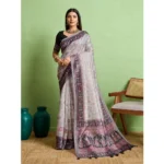 Elegant Grey Silk Blend Printed Saree with Unstitched Blouse