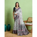 Grey Silk Blend Printed Saree with Unstitched Blouse