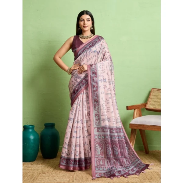 Grey Silk Blend Printed Saree with Unstitched Blouse