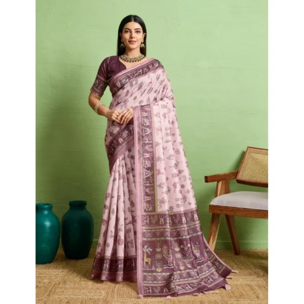 Grey Silk Blend Printed Saree with Unstitched Blouse
