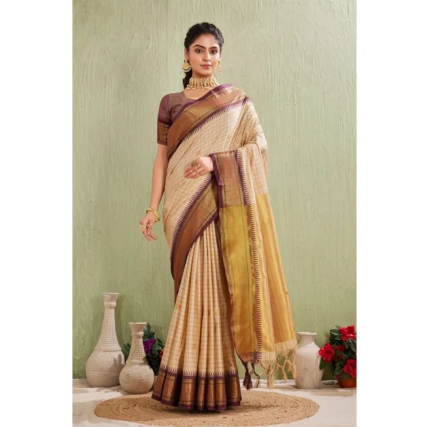 Beige Silk Blended Jaquard Woven Saree for Women