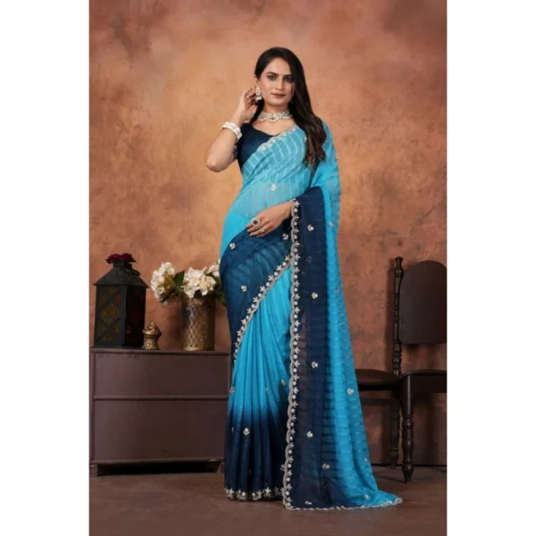Light Blue Embroidered Chiffon Saree