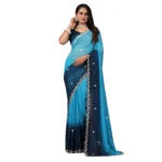 Generic Women's Chiffon Embroidred Saree With Unstitched Blouse 5.5Mtr (Light Blue) - Image 2