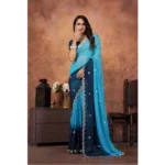 Generic Women's Chiffon Embroidred Saree With Unstitched Blouse 5.5Mtr (Light Blue) - Image 4