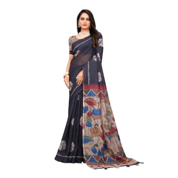 Black Linen Printed Saree with Unstitched Blouse
