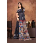 Generic Women's Linen Printed Saree With Unstitched Blouse 5.5Mtr (Black) - Image 4