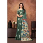 Dark Green Linen Printed Saree with Unstitched Blouse