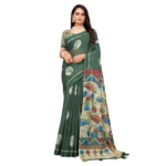 Generic Women's Linen Printed Saree With Unstitched Blouse 5.5Mtr (Dark Green) - Image 2