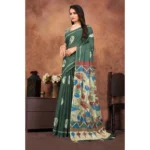 Generic Women's Linen Printed Saree With Unstitched Blouse 5.5Mtr (Dark Green) - Image 3