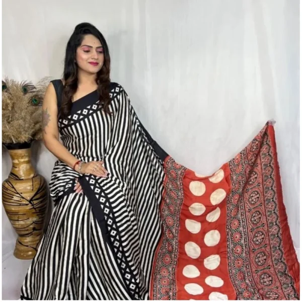 Black Satin Printed Saree for Women
