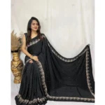 Black Satin Printed Saree for Women