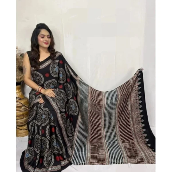 Black Satin Printed Saree for Women
