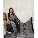 Black Satin Printed Saree for Women