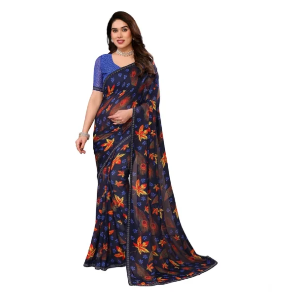 Blue Georgette Printed Saree with Unstitched Blouse
