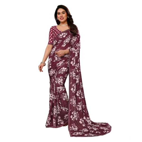 Brown Georgette Printed Saree with Unstitched Blouse
