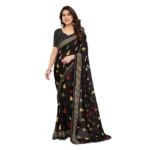 Generic Women's Georgette Printed Saree With Unstitched Blouse 5.5Mtr (Black)