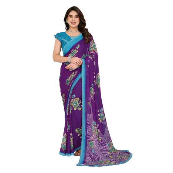 Purple Georgette Printed Saree with Unstitched Blouse