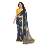Blue Georgette Printed Saree with Unstitched Blouse
