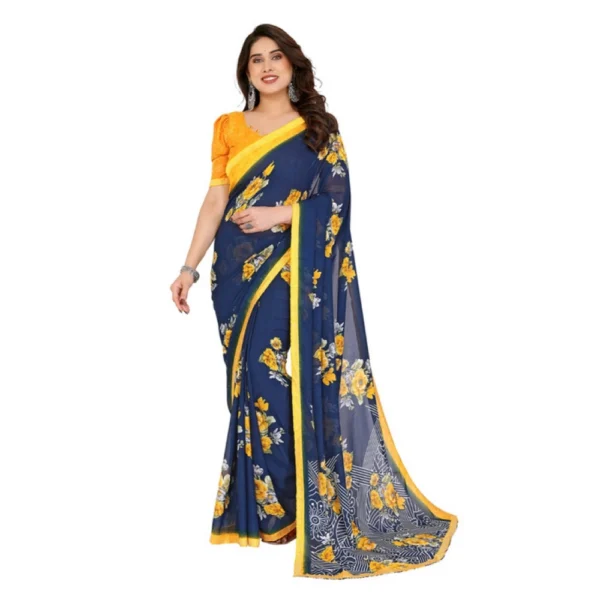 Blue Georgette Printed Saree with Unstitched Blouse
