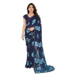 Navy Blue Georgette Printed Saree with Unstitched Blouse