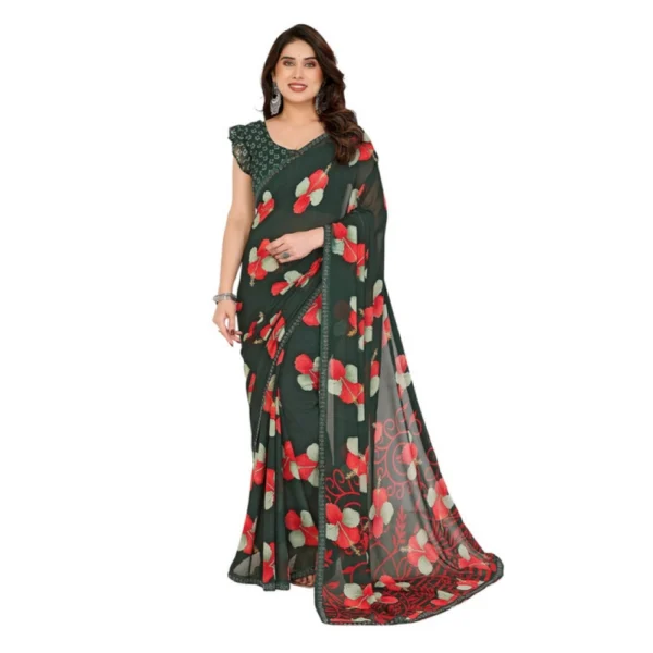 Green Georgette Printed Saree with Unstitched Blouse