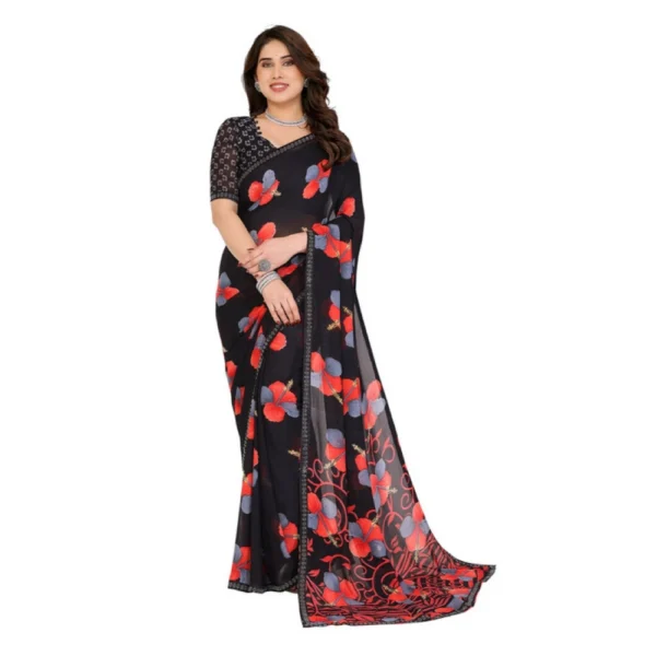 Black Georgette Printed Saree with Unstitched Blouse