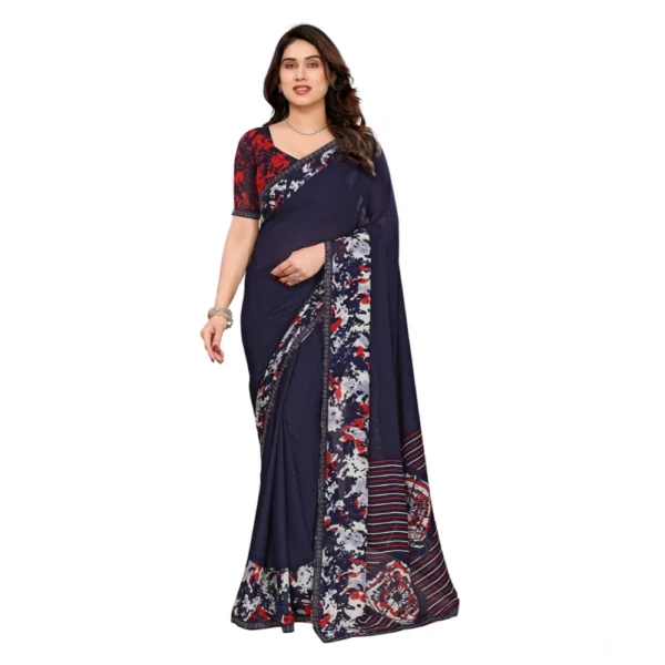 Women's Navy Blue Georgette Printed Saree