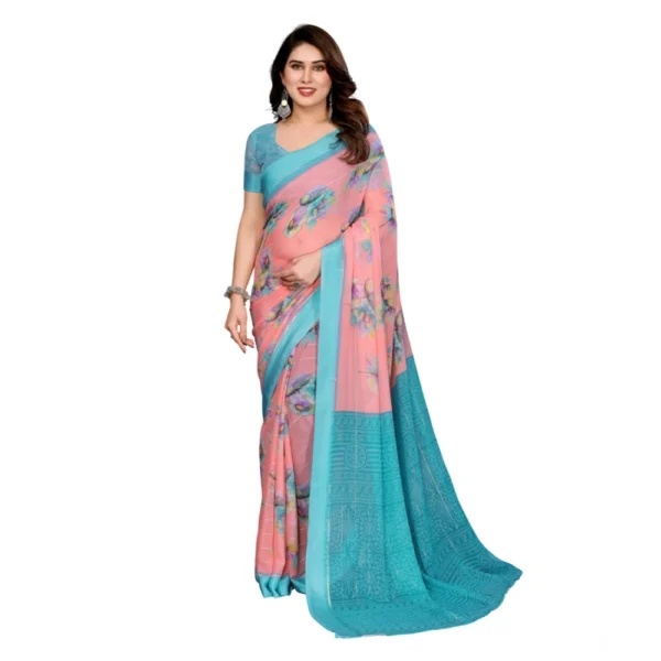 Pink Georgette Printed Saree with Unstitched Blouse