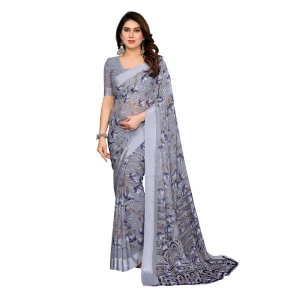 Grey Georgette Printed Saree with Unstitched Blouse