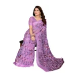 Generic Women's Georgette Printed Saree With Unstitched Blouse 5.5Mtr (Purple) - Image 2
